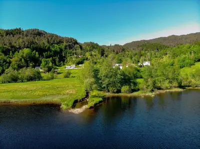 an aerial view of a body of water at Modern And Rustic Cabin With Fjord View In Samnanger in Årland