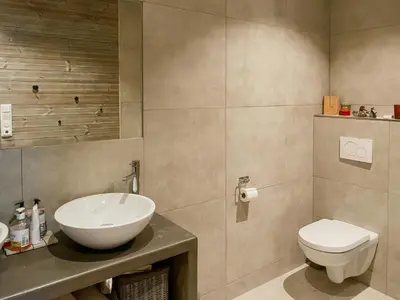 a bathroom with a sink and a toilet at Cozy Modern Cabin In West Norway With View in Davik