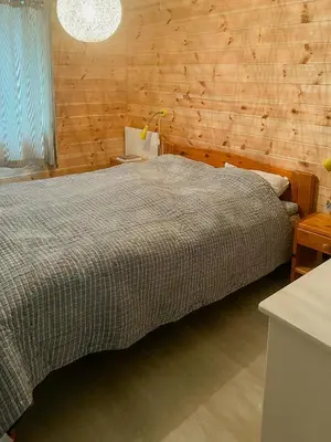 a bedroom with a bed and a wooden wall at Cozy Modern Cabin In West Norway With View in Davik