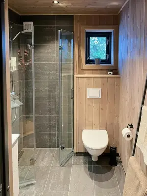 a bathroom with a toilet and a glass shower at Modern Cabin With Beautiful Design By Gålåvatn in Gålå