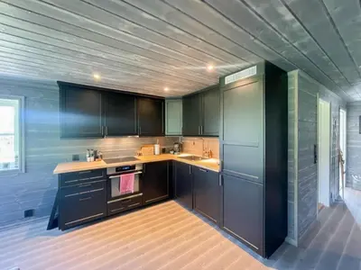 a kitchen with black cabinets and a wooden floor at Modern Cabin By Hardangervidda in Garden