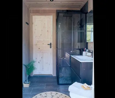 a bathroom with a shower and a sink and a door at Secluded Mountain Cabin In Rauland With View in Brunstad