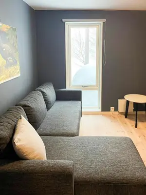 a living room with a couch and a window at Cabin With Mountain View Near Lake Totak in Rauland