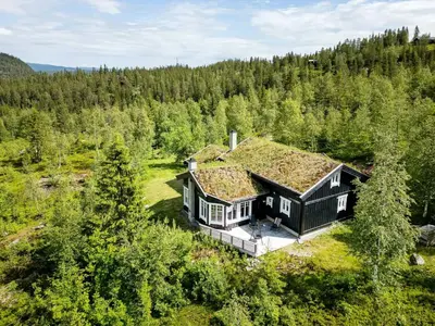 an aerial view of a house in a forest at Family Cabin With Panoramic View Near Vikerfjellet in Hønefoss