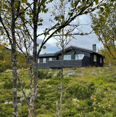 a black house on top of a hill with trees at Cabin In Uvdal With A View Ski-Inout in Uvdal