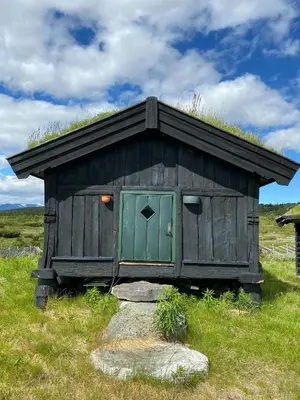 a small shack with a green door in a field at Spacious Family Cabin Near Nordre Syndin in Ryfoss