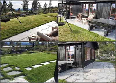 a collage of four pictures of a park with a swing at Moderne hytte plass for 10 in Rendalen