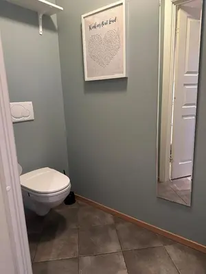 a bathroom with a toilet and a mirror at World championship, VM på ski Granåsen 2025 in Trondheim