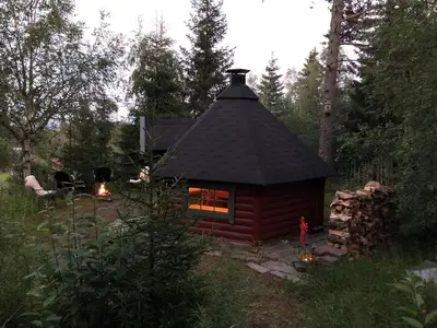 a small log cabin with a black roof at Cozy cabin 1,5 hours from Oslo in Hamar