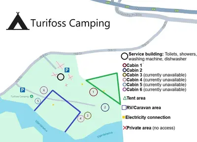 a map of the tulsos campus at Turifoss Camping Cabin 2 in Svedjan