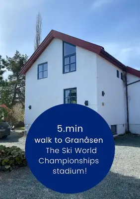 a white house with the text min walk to cranwegian the six world championships at SKI VM House 5 min walk to Granåsen ski stadion in Trondheim
