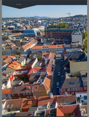 an aerial view of a city with buildings at Liten studioleilighet meget sentralt i sentrum, 3 minutter fra torget in Trondheim