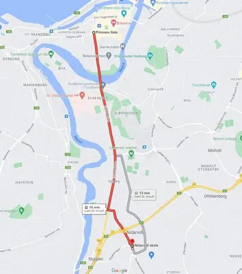 a map with a red line on it at Spacious house close to Ski World Championship in Trondheim