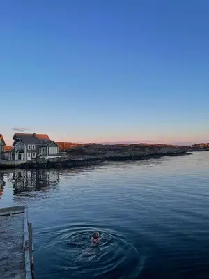 a person swimming in the water near a dock at Modern seaside holiday home in Bømlo