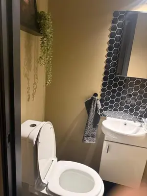 a bathroom with a toilet and a sink at Peace in the heart of nature in Trysil