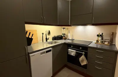 a kitchen with a sink and a stove top oven at Delicate Central Apartment Trondheim in Trondheim