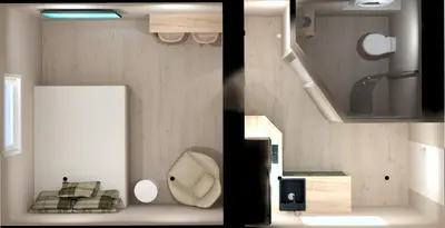 two pictures of a room with a bedroom and a bathroom at Studio Plassen in Sogndal