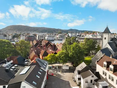 a view of a city with a river and buildings at Architectural Studio I Private Balcony in Bergen