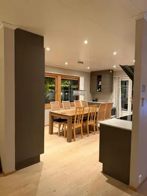 a kitchen and dining room with a table and chairs at World championship ski 2025-Cozy house for rent in Trondheim