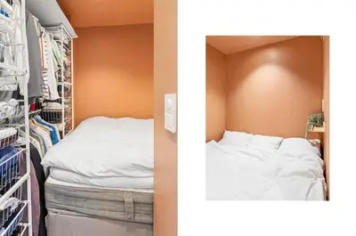 a bedroom with a bed and a closet at Lys og koselig leilighet in Trondheim
