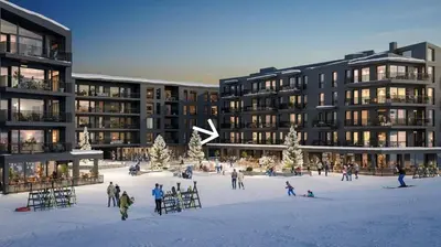 a group of people in the snow in front of a building at Hemsedal, sengeplass til 8, ski inn ski out in Hemsedal
