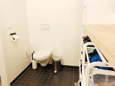 a bathroom with a toilet in a small room at Townhouse in quiet and central area with free parking in Trondheim