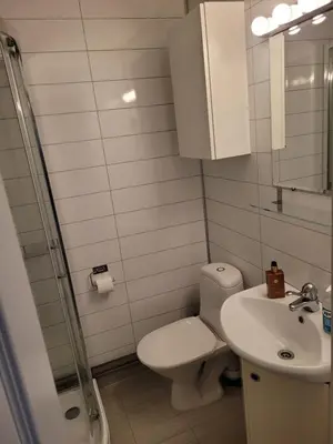 a white bathroom with a toilet and a sink at 4 and 6 bedroom apartments Ski WC in Trondheim