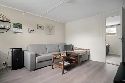 a living room with a couch and a table at Koselig lelighet in Trondheim