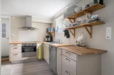 a kitchen with stainless steel appliances and a bird on a counter at Koselig lelighet in Trondheim