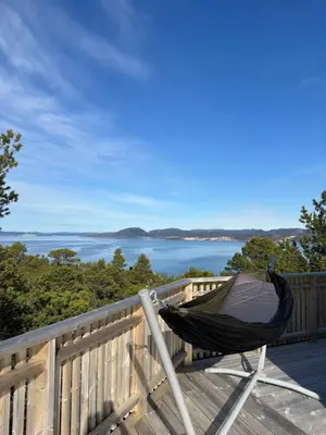 a hammock on a deck with a view of the water at Large modern cabin with a spectacular view! in Grønningen
