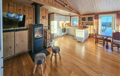 a living room with a wood stove and a kitchen at Amazing Home In Eggedal With Sauna in Eggedal