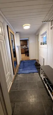 an empty hallway with blue rugs in a room at Storgata 36 in Lillehammer