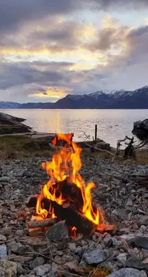 a fire burns on a rocky beach near the water at Cabin 