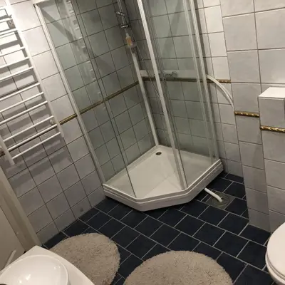a bathroom with a shower and a toilet at Unique City Center 3-rooms panoramic view with free parking in Trondheim