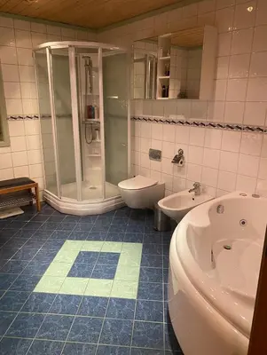 a bathroom with a shower and a toilet and a sink at Large single-family home for rent World Cup 2025 in Trondheim