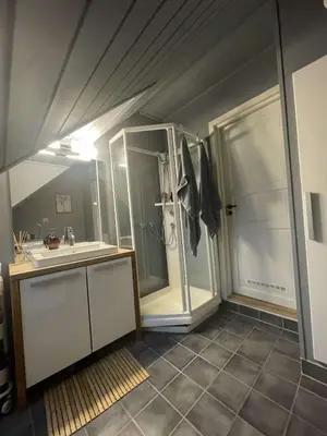 a bathroom with a shower and a sink at City View, stylish loft apartment and Central Location in Trondheim