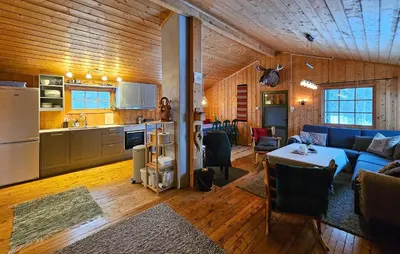 a living room with a blue couch and a kitchen at Amazing Home In Rauland in Rauland