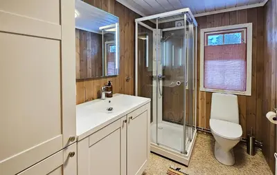 a bathroom with a shower and a sink and a toilet at Amazing Home In Rauland in Rauland