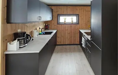 a kitchen with gray cabinets and a wooden wall at 3 Bedroom Awesome Apartment In Rjukan in Rjukan