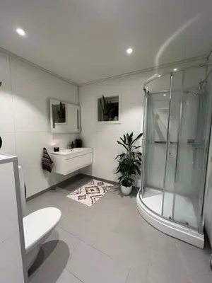 a bathroom with a shower and a toilet and a sink at Moderne hjem med høy standard og privat takterasse in Trondheim
