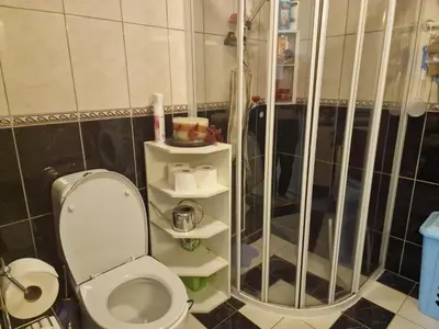 a small bathroom with a toilet and a shower at Flatåsensenteret in Kystad