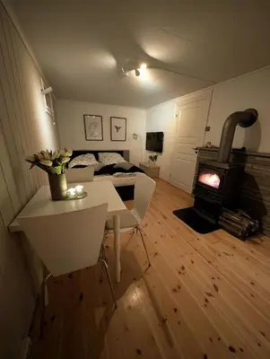 a living room with a table and a wood stove at Koselig kjellerleilighet, gratis parkering! in Trondheim