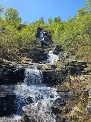 a waterfall on the side of a hill with trees at Mountain view 2 in Håra