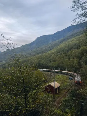 a train is traveling on a bridge in the mountains at Grandma`s house in Flåm