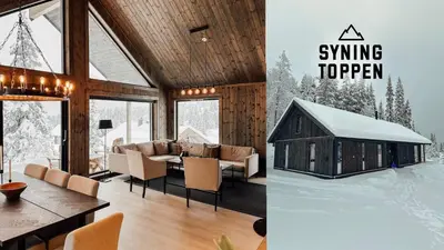 a living room with a couch and a dining room at Modern Mountain Cabin - Sauna - 5 Bedrooms - Sleeps for 10 in Torpo