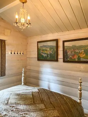a bedroom with a bed and a chandelier at Cabin In Rauland Near Fishing, Hiking And Skiing in Rauland