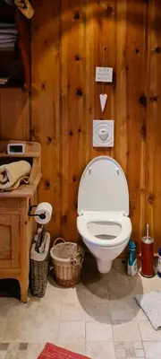 a bathroom with a white toilet in a wooden wall at Cozy Cabin With A Beautiful View in Øygardsgrend