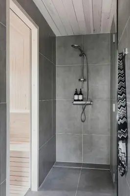 a bathroom with a shower with a glass door at Cabin By Selbusjøen With Ski And Trail Access in Selbu