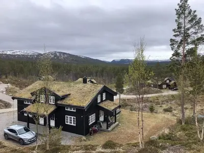 a house with a grass roof with a car parked in front at Designer Cabin With Panoramic Views In Hovden in Bykle