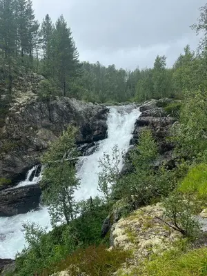 a waterfall on the side of a mountain with trees at Designer Cabin With Panoramic Views In Hovden in Bykle